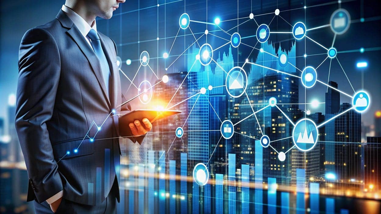 Businessman using tablet with digital network